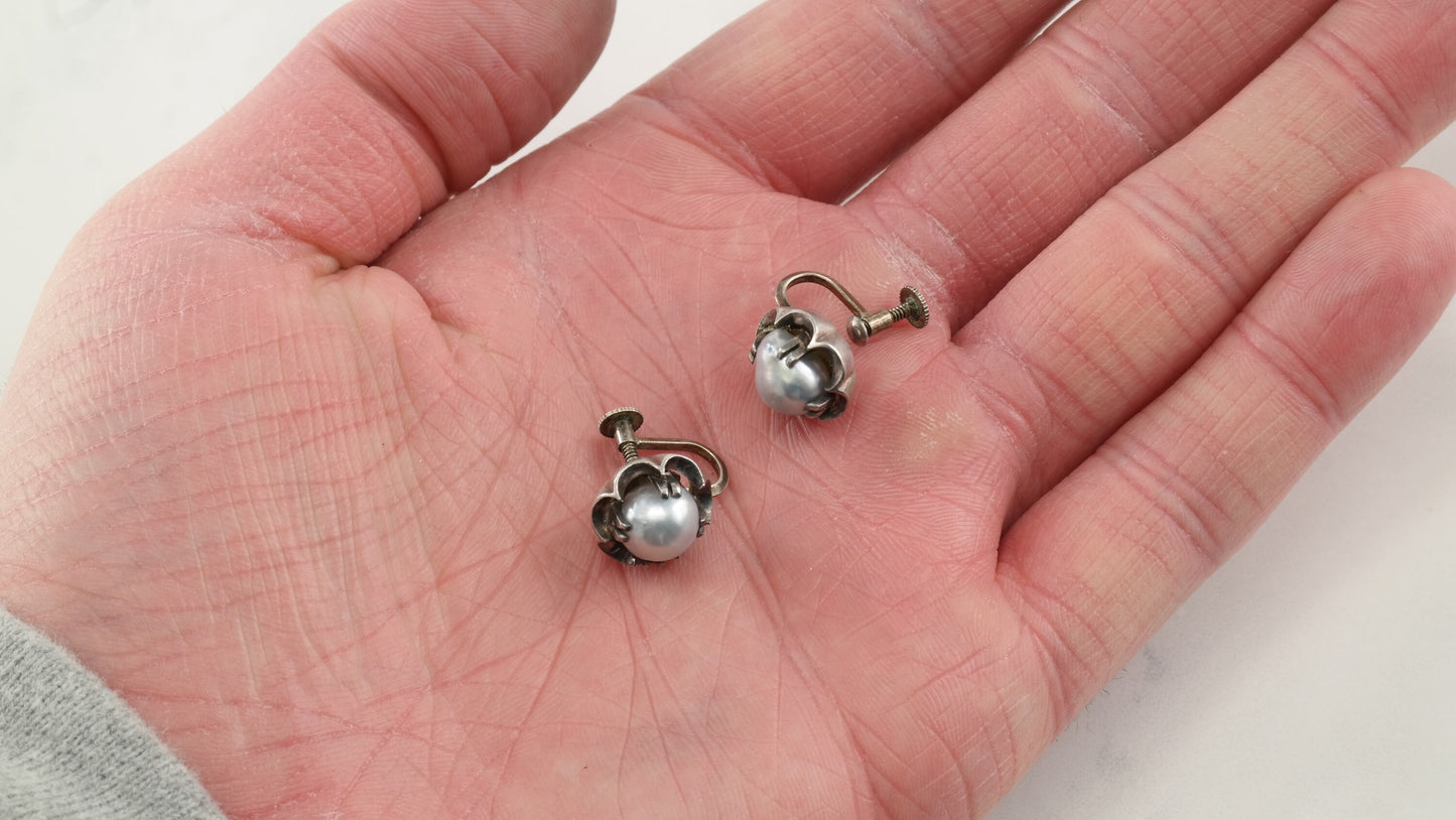 Vintage Sterling Silver Pearl Floral Earrings Screw Back