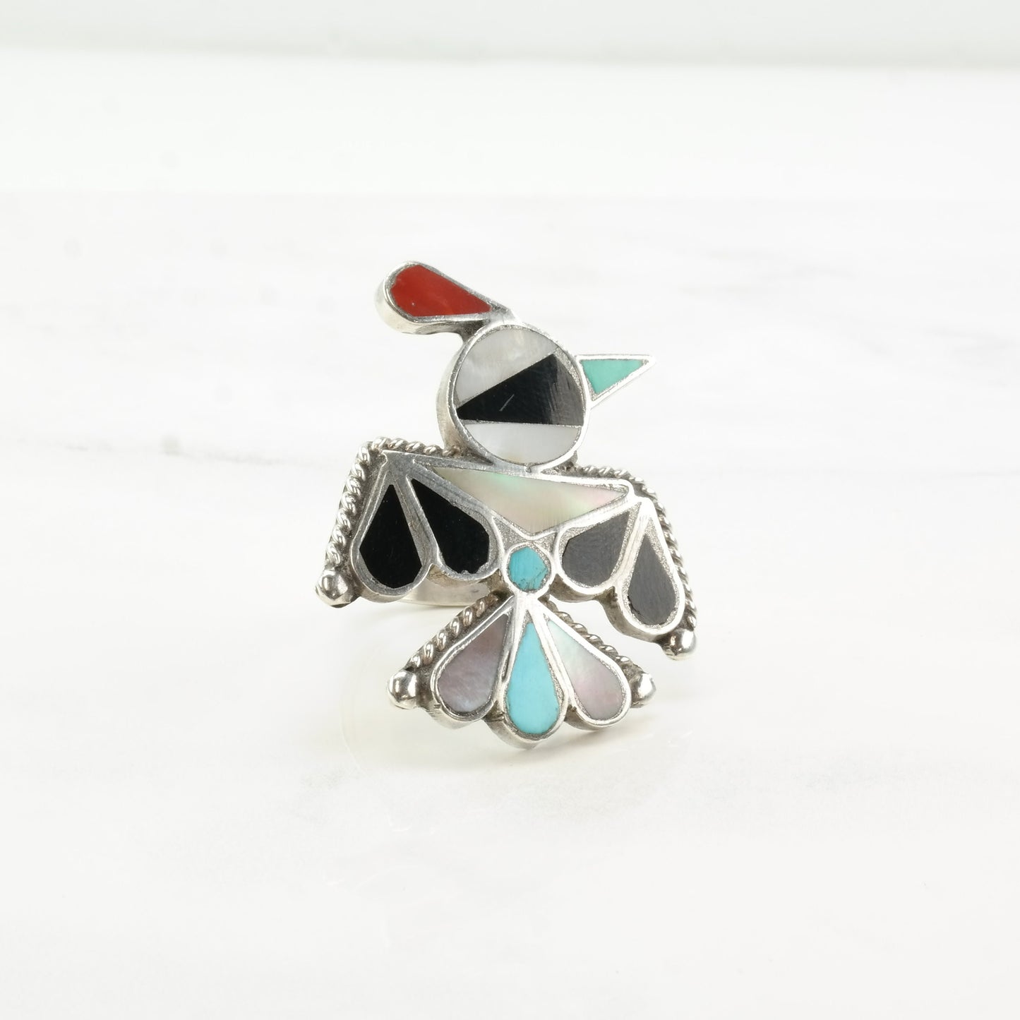 Vintage Zuni Sterling Silver Thunderbird Ring with Multi-Stone Inlay, Size 7, Attributed to Bobby Shack
