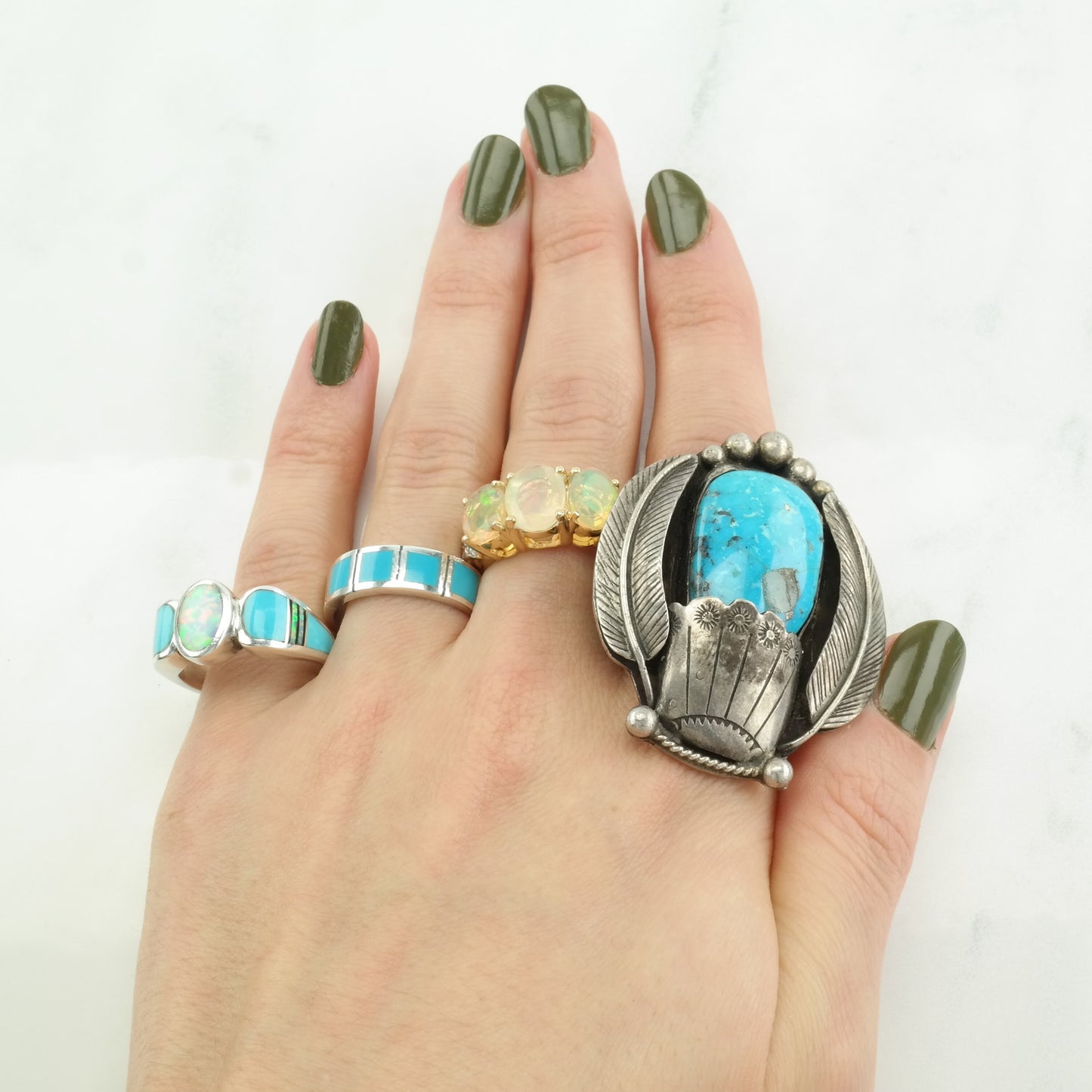 Vintage Native American Silver Ring Turquoise Feather, Stamped Sterling Size 7