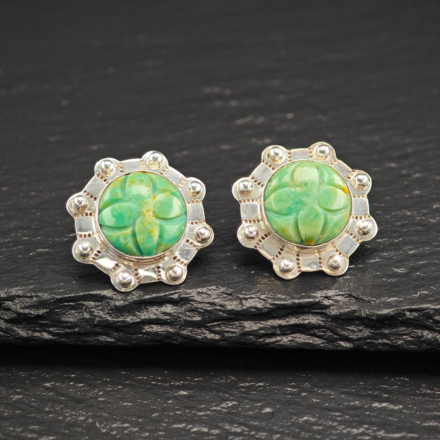 Green Gemstone Carved Floral Stud Earrings Sterling Silver