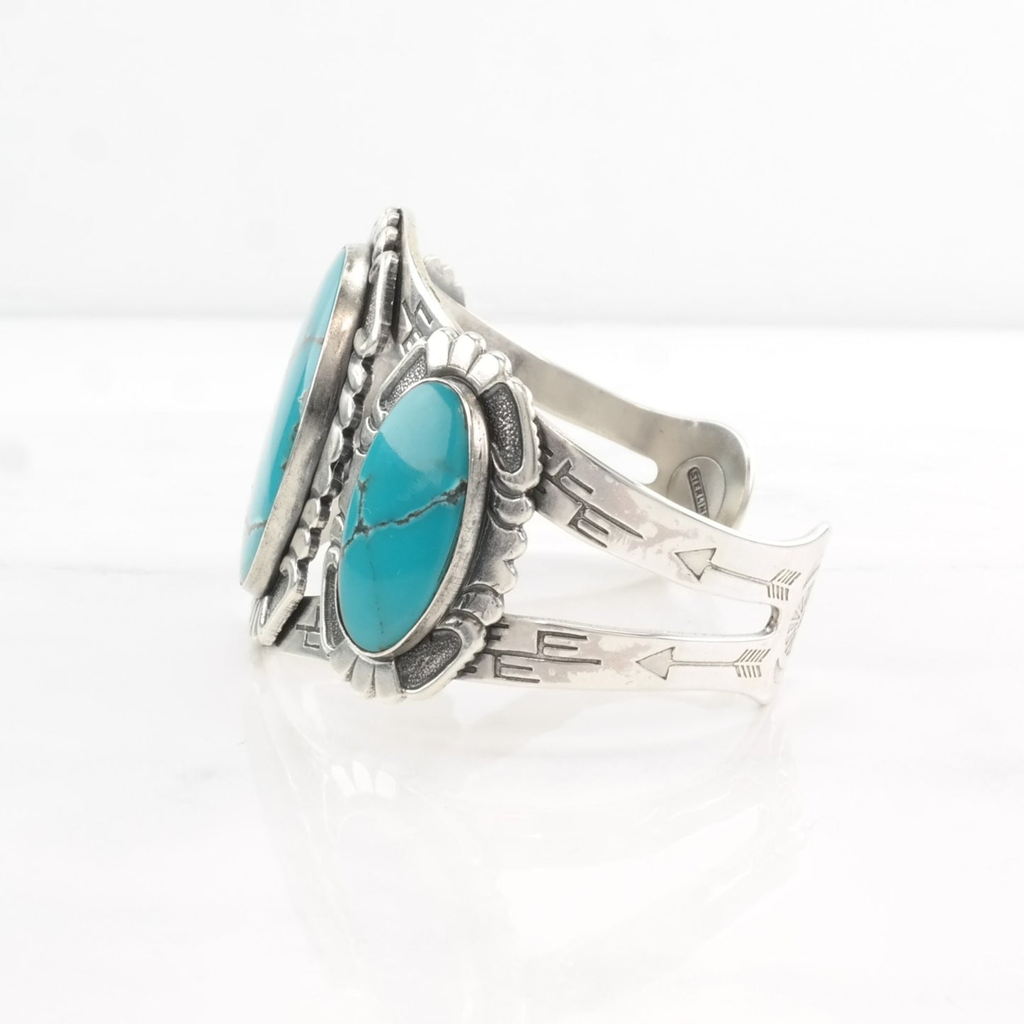 Fred Harvey Era Block Turquoise Cuff Bracelet Sterling Silver Blue Stamped