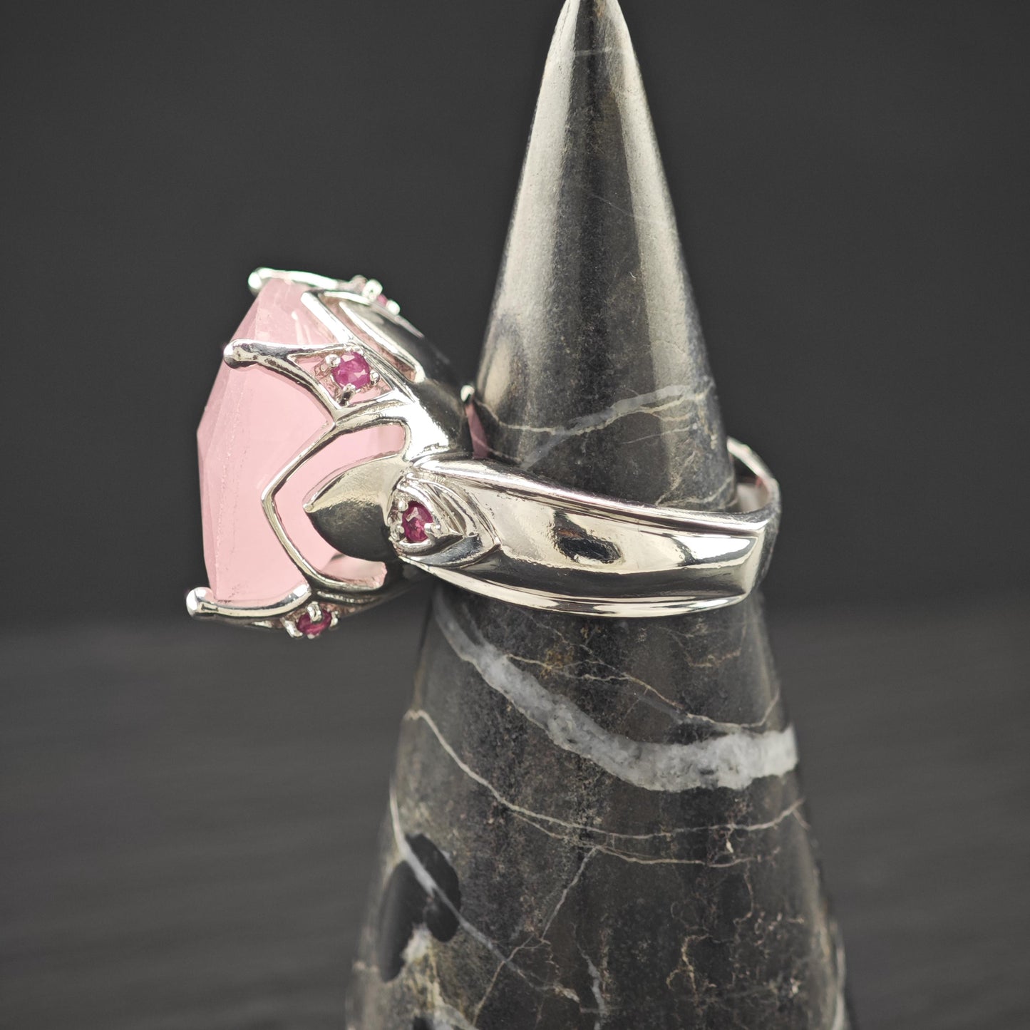 Large Faceted Pink Gemstone, Ruby Accents Ring Sterling Silver Size 8