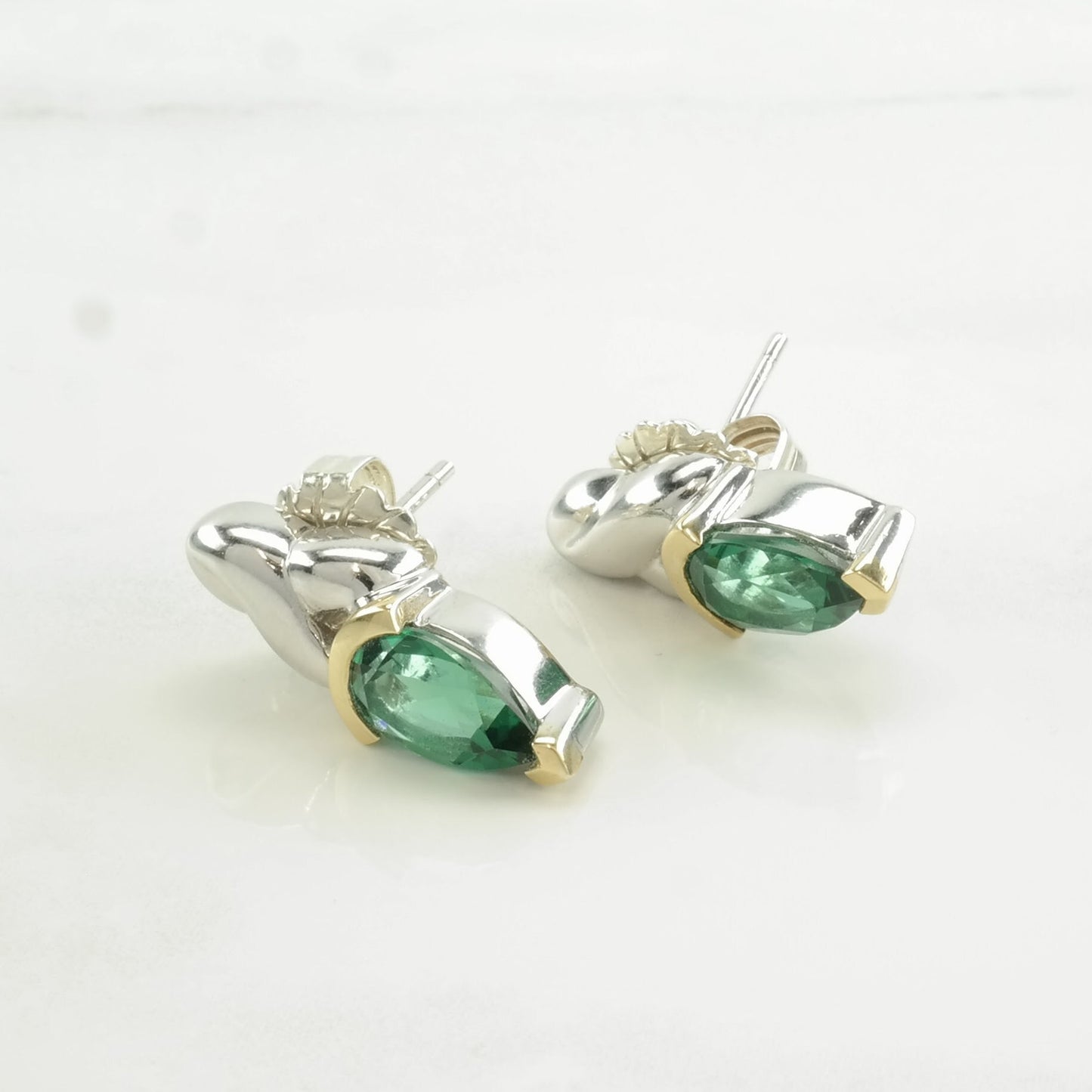 Vintage Sterling Silver Green Gemstone 18K Gold Earrings Stud