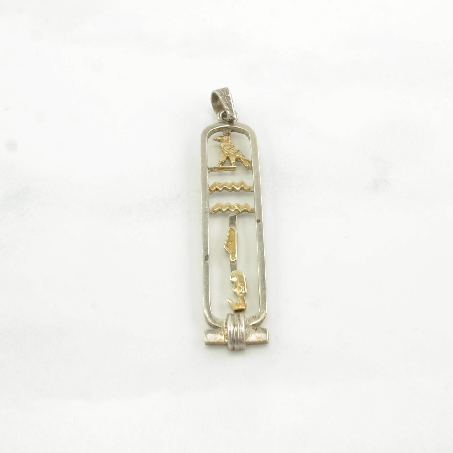 Vintage Egyptian Cartouche Gold Accents Sterling Silver Pendant