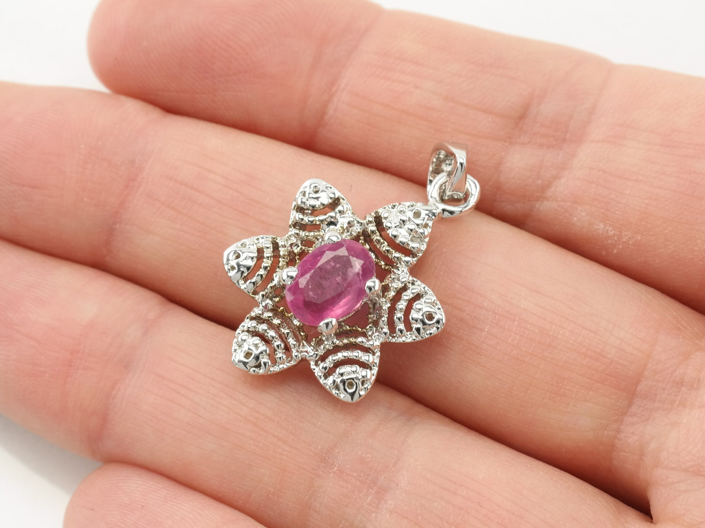 Vintage Treated Ruby CZ Floral Sterling Silver Pendant