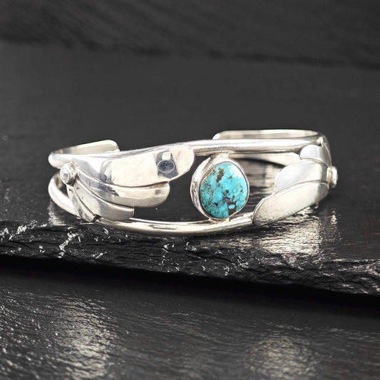 Southwest, Turquoise, Floral Cuff Bracelet Sterling Silver