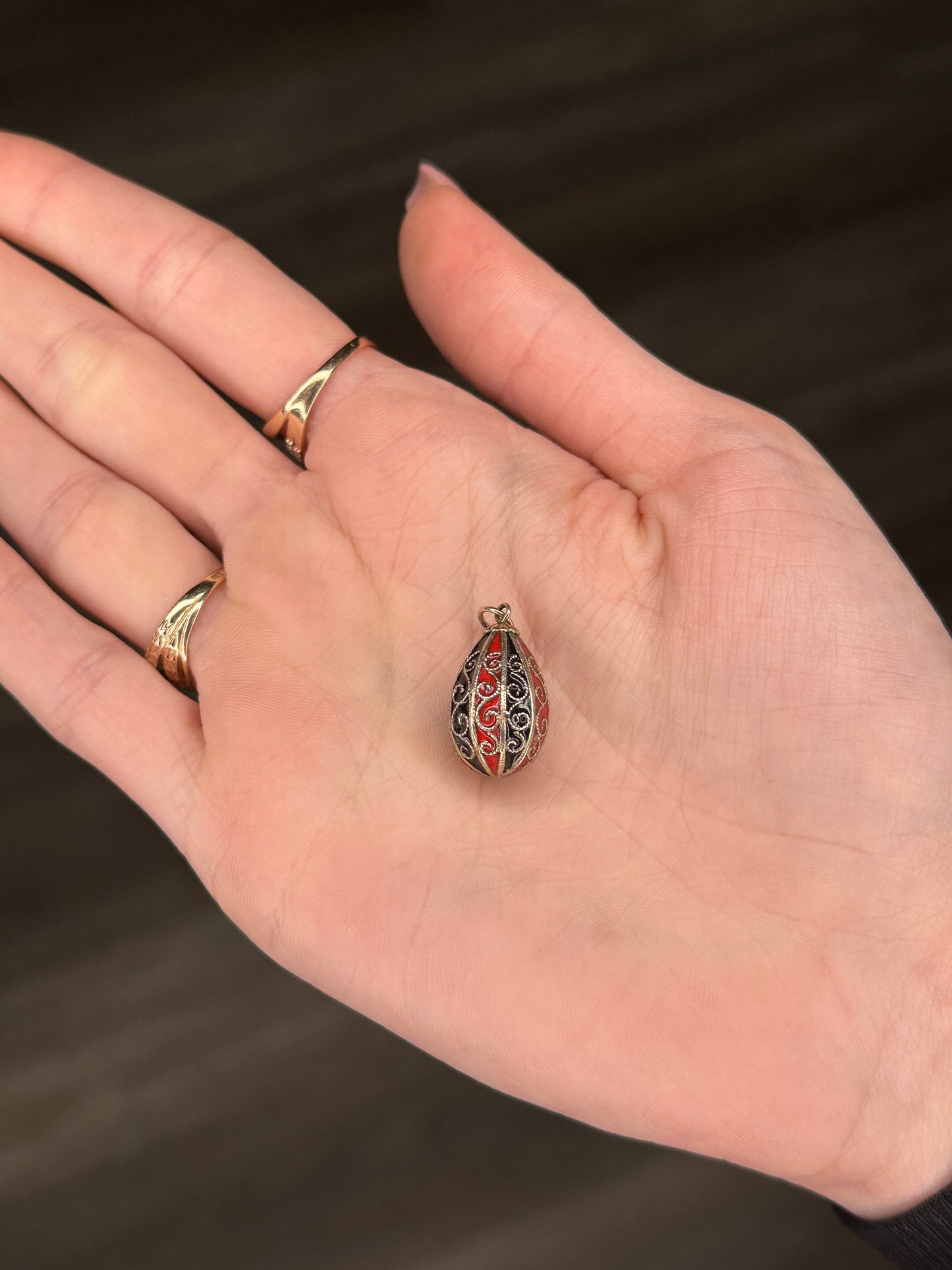 Vintage Sterling Silver Enamel Soviet Russia Egg Red Black Pendant