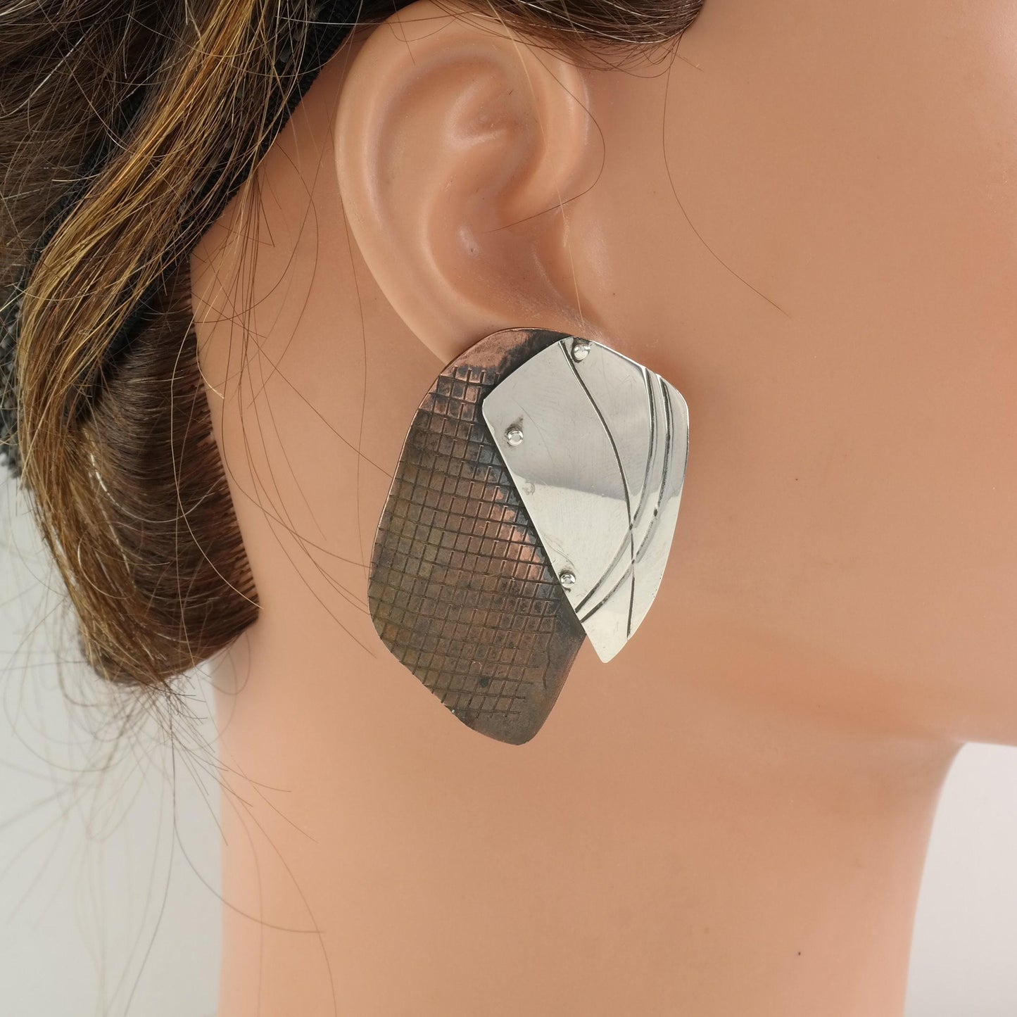 Studio Abstract Stud Earrings Sterling Silver, Copper Textured,