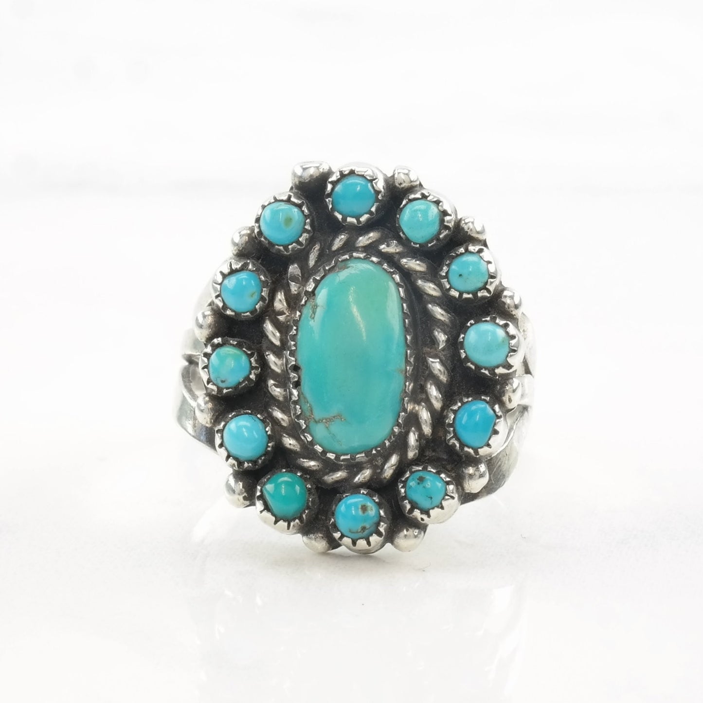 Vintage Native American Ring Turquoise Cluster Sterling Silver 5 3/4