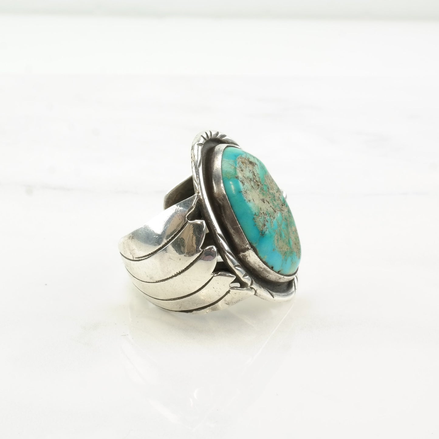 Vintage Southwest Sterling Silver & Turquoise Feather Shadowbox Ring, Size 12.5