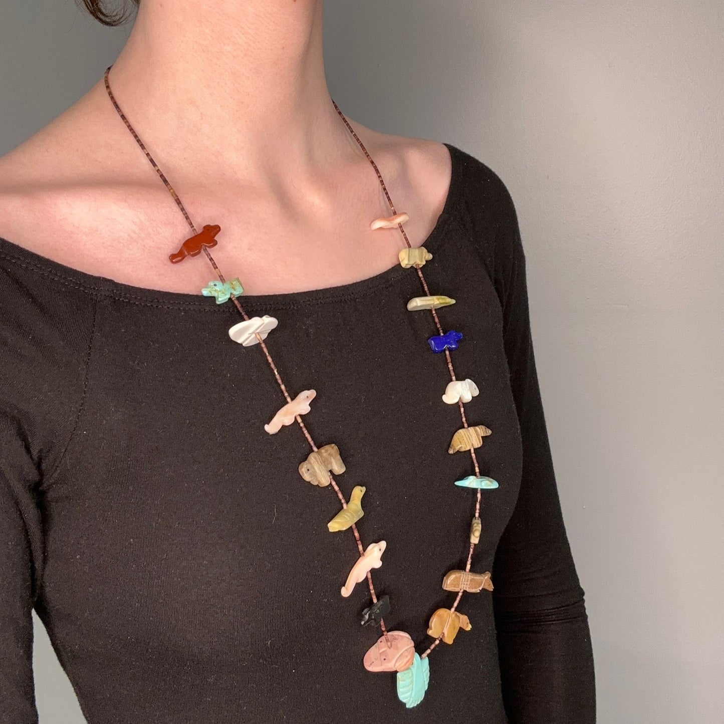 Vintage Southwest Sterling Silver Turquoise, MOP, Lapis Lazuli Animal, Heishi Necklace