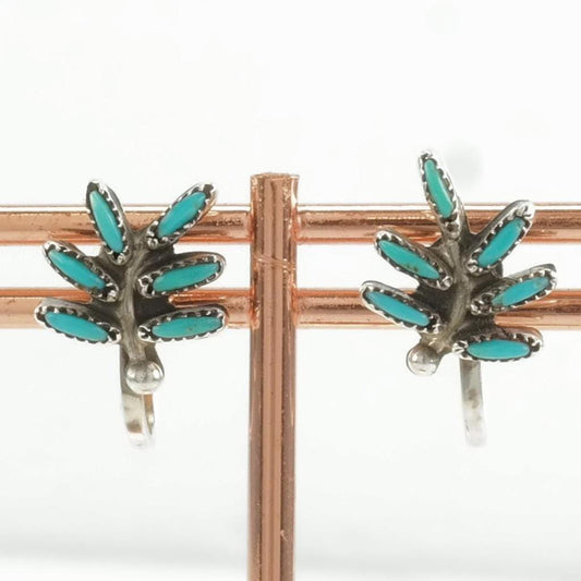 Vintage Sterling Silver Screw Back Earrings Zuni Blue Turquoise Needlepoint, Leaf