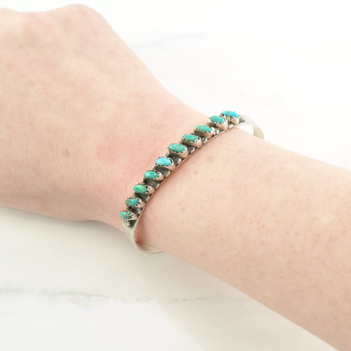 Zuni Sterling Silver Cuff Bracelet Green Blue Turquoise Petit Point