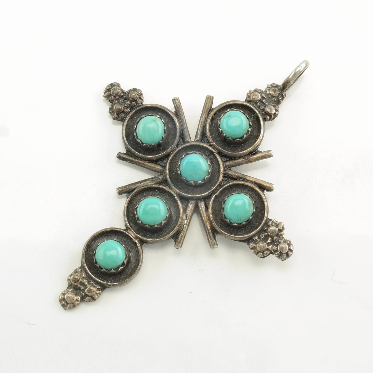 Vintage Zuni Turquoise Cross, Snake Eye Sterling Silver Pendant