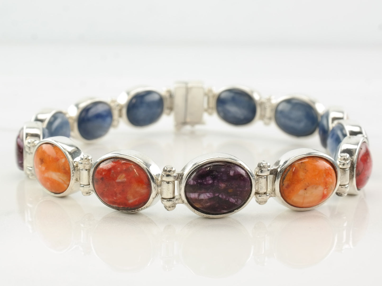 DRT Sterling Silver 6 3/4 Reversible Bracelet, Spiny Oyster, Sapphire, Cabochon