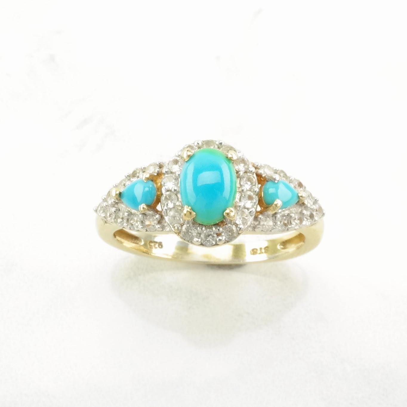 Vintage Turquoise, Topaz Gold Plated Sterling Silver Ring Blue Size 9