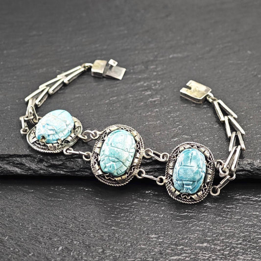 Archeological Egyptian Revival, Scarab Bracelet Sterling Silver