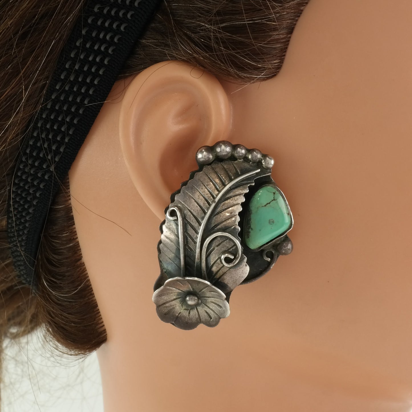 Vintage Southwest Sterling Silver Green Turquoise Flower & Feather Clip-On Earrings, 1 3/4 Inches Long