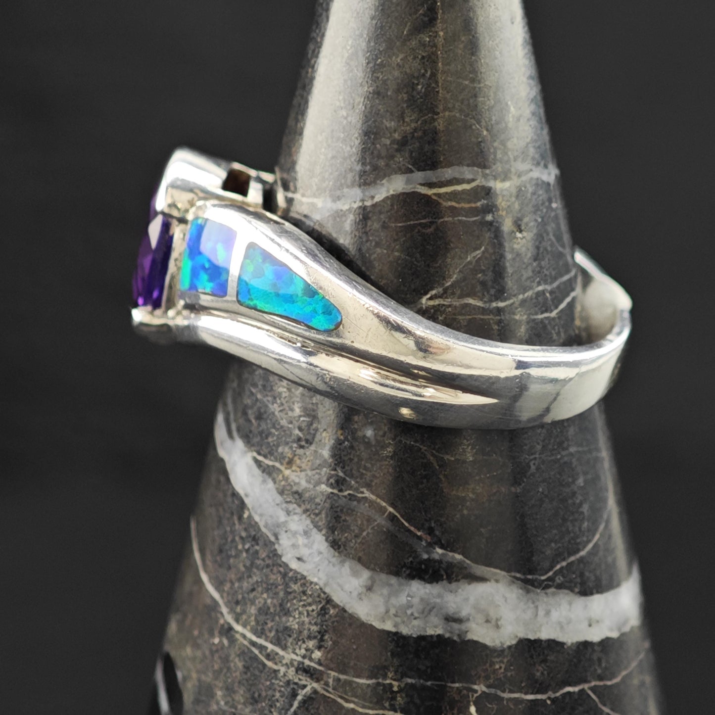 Lab Opal Inlay Amethyst Ring Sterling Silver Sz 8 R6221