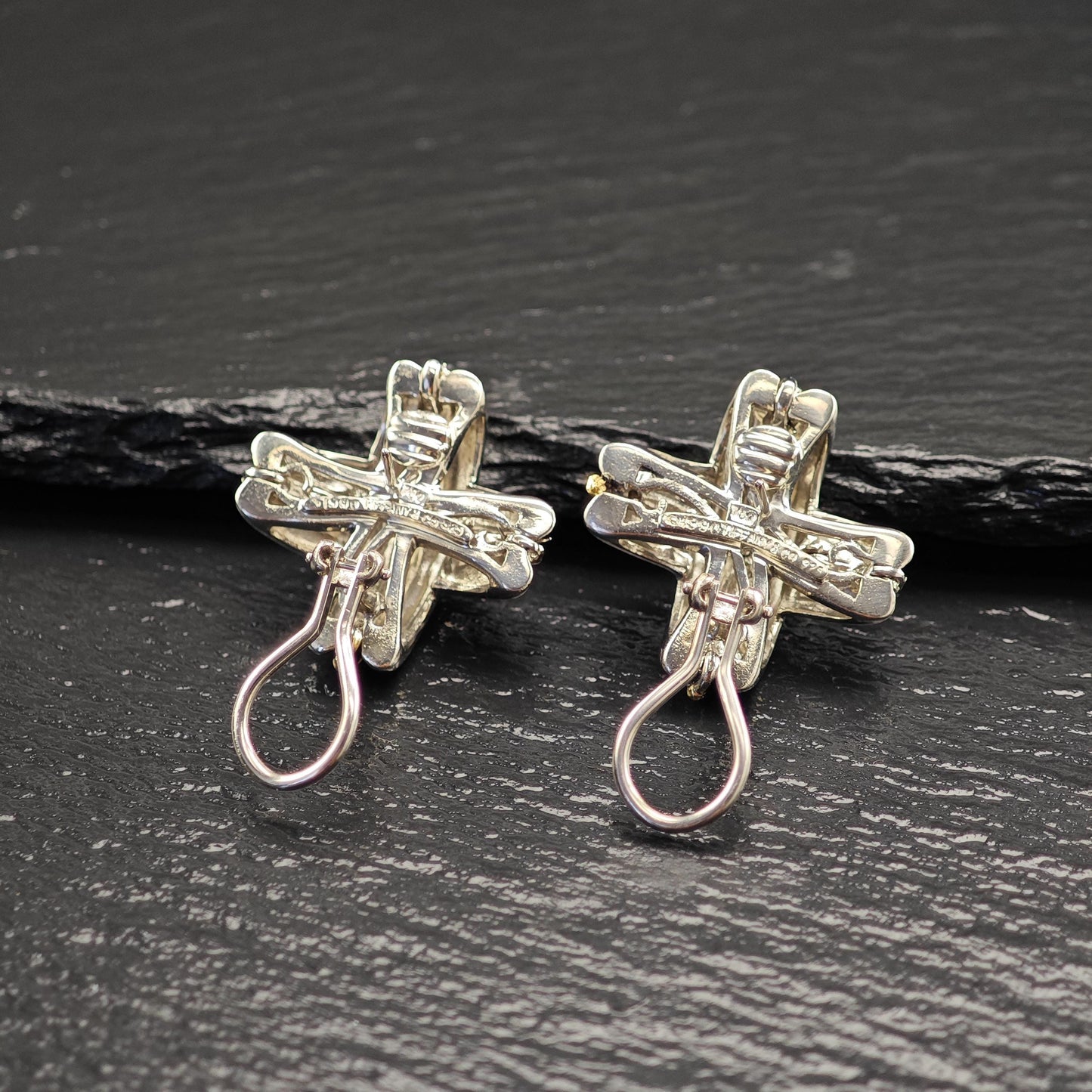 Tiffany Gold Cross, X 18k Gold Accent, Two Tone Omega Back Earrings Sterling Silver