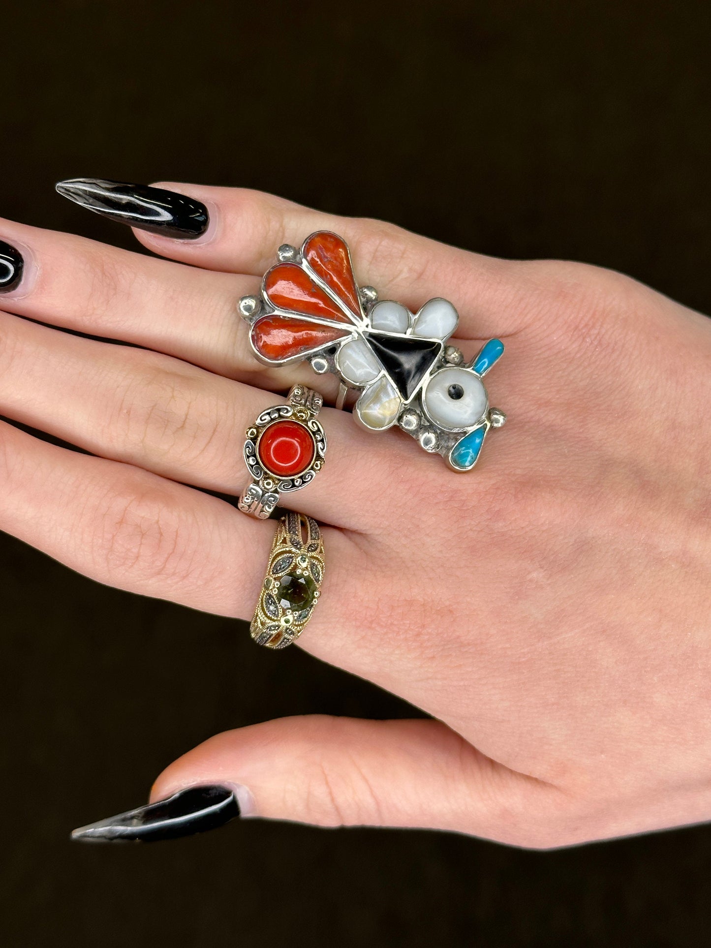 Vintage Sterling Silver Thunderbird Ring with Multi-Stone Inlay