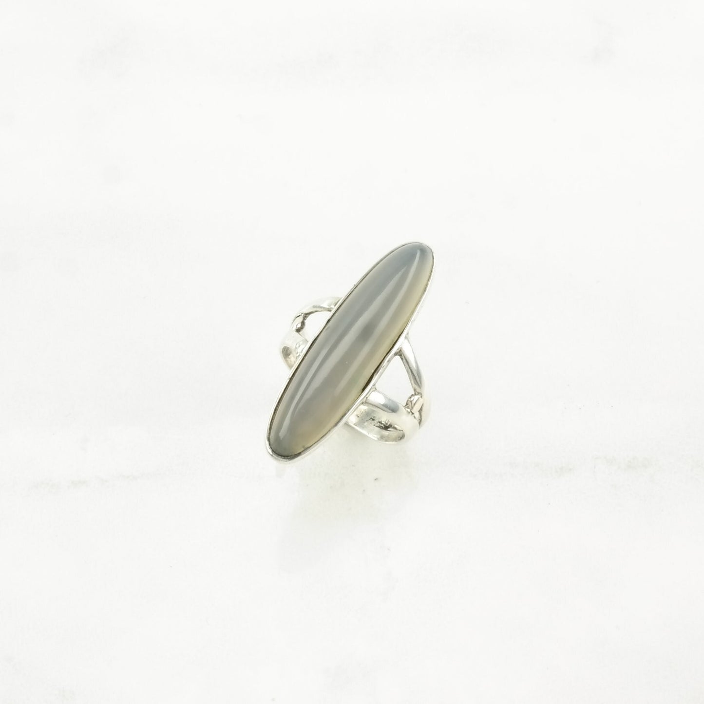 Vintage Art Deco Silver Ring Agate Navette Sterling Gray Size 4 1/2