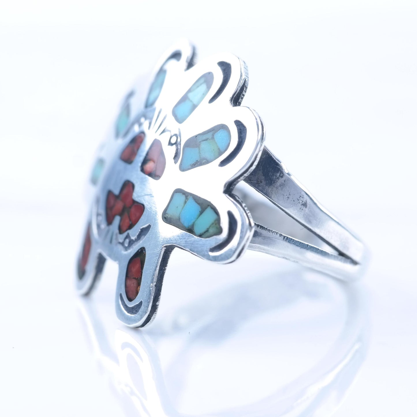 Native Sterling Silver Ring Turquoise, Coral Inlay, Sunface R5417