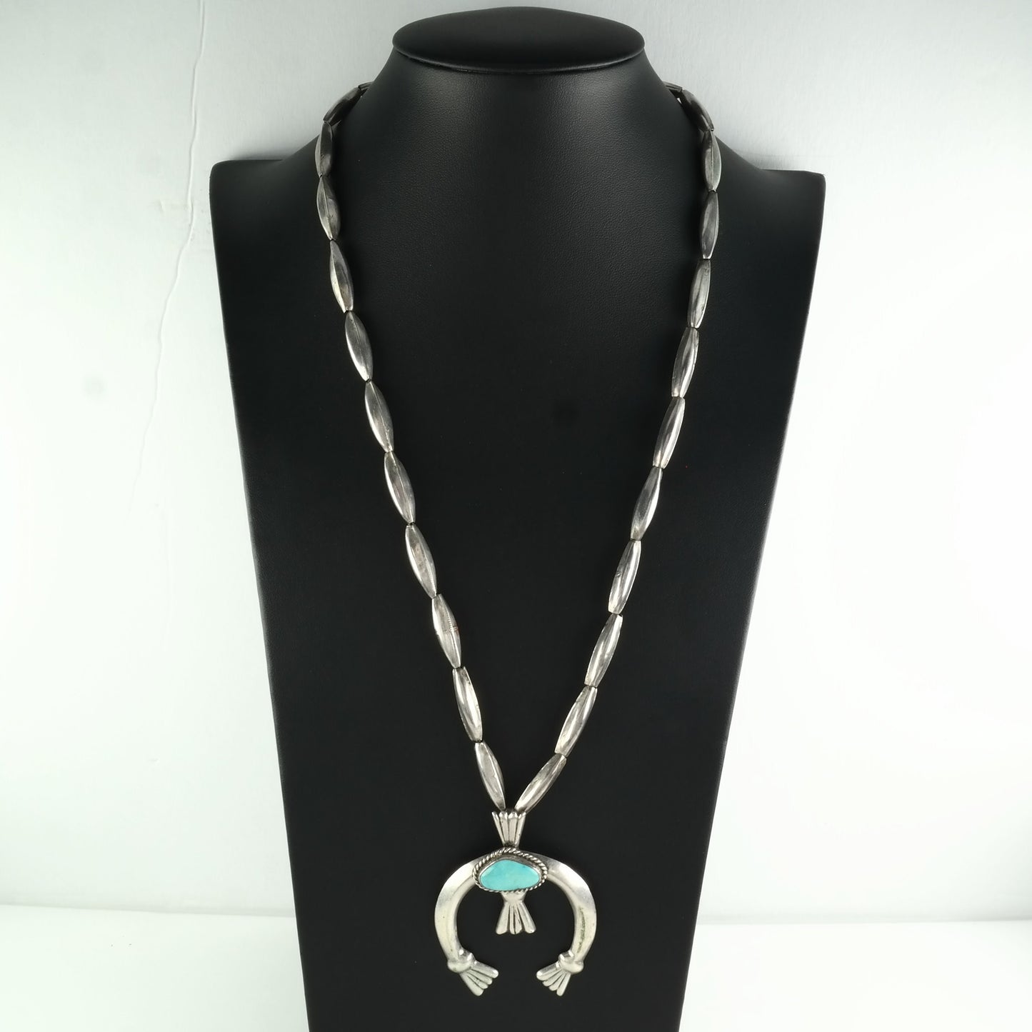 Vintage Native American Sterling Silver Blue Turquoise Sandcast, Naja Necklace