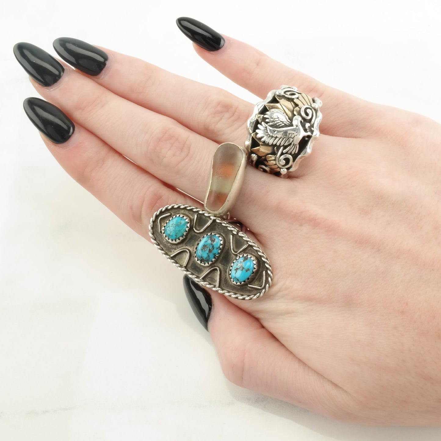 Vintage Native American Silver Ring Turquoise Three Stone, Shield Sterling Blue Size 8