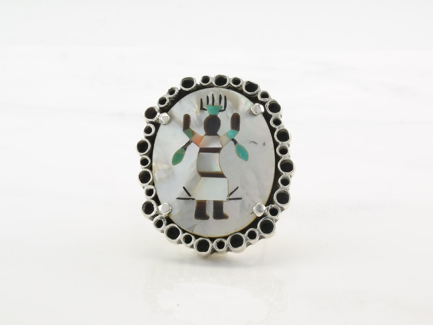 Vintage Sterling Silver Ring MOP Inlay Kachina, Dancer Size 7 3/4