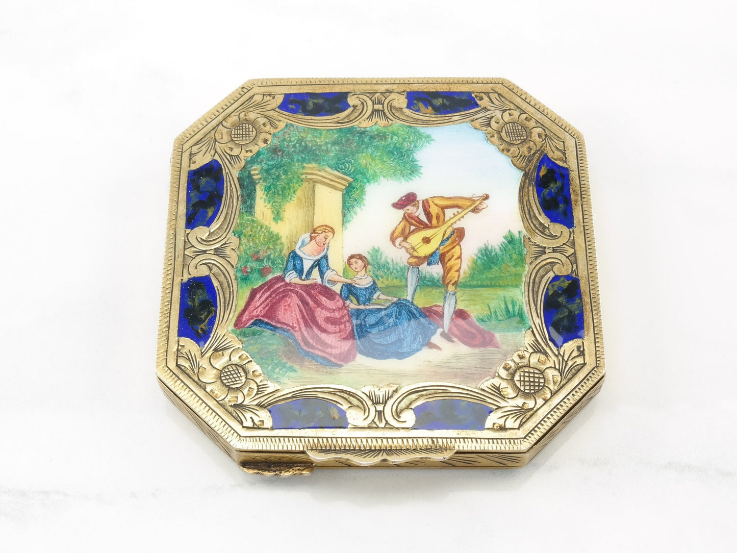 Vintage Enamel Scene Floral Ladies' Makeup Sterling Silver Compact