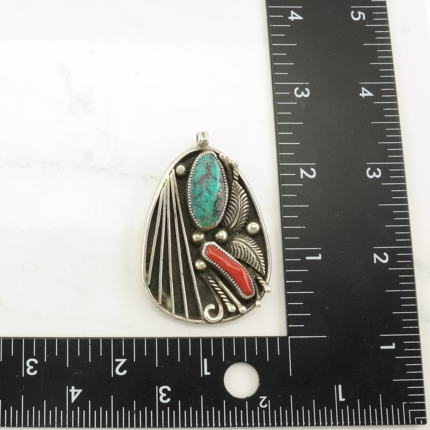 Native Turquoise, Coral Leaf Sterling Silver Pendant P2500