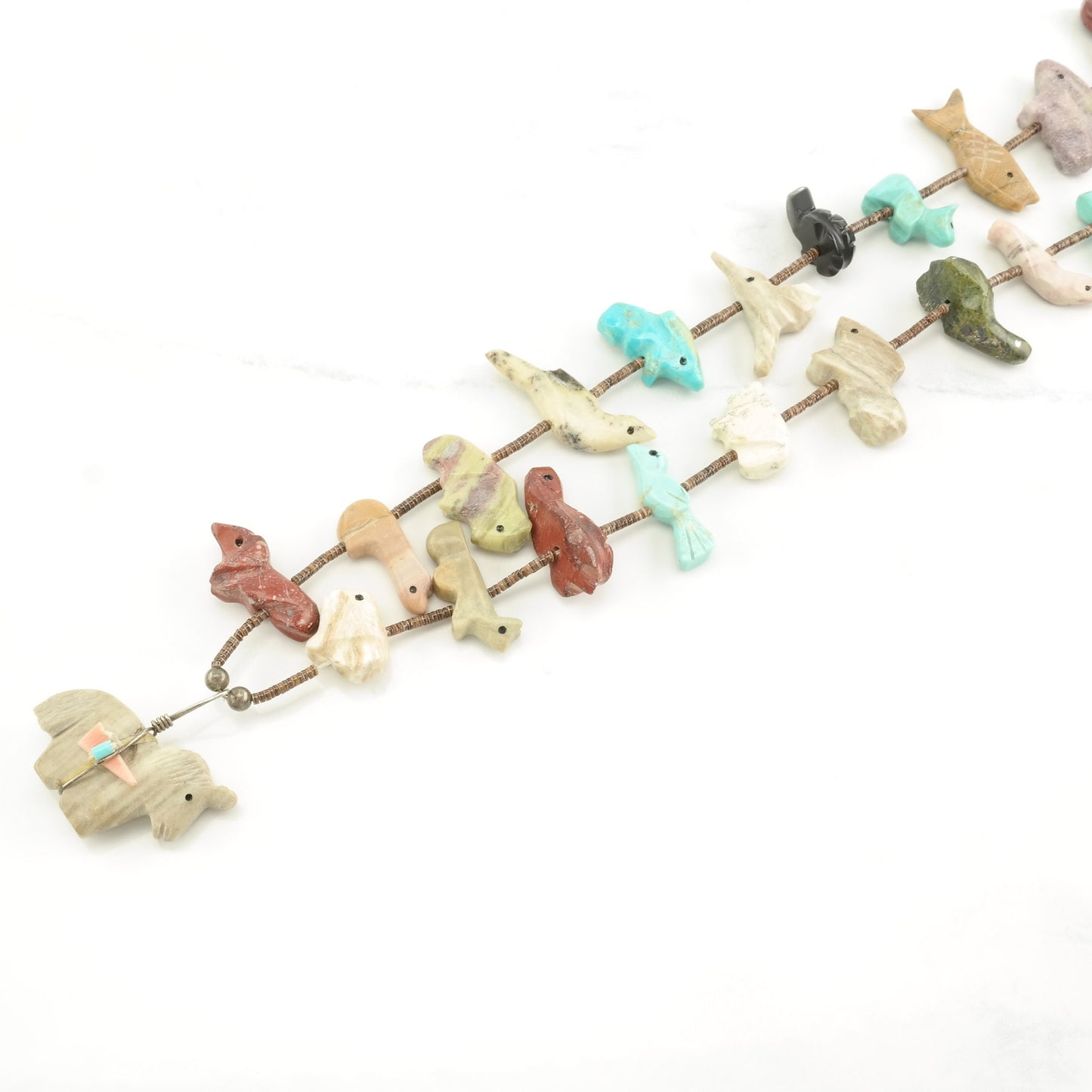 Vintage Native American Sterling Silver Onyx, Turquoise Horse, Carved Animals Necklace