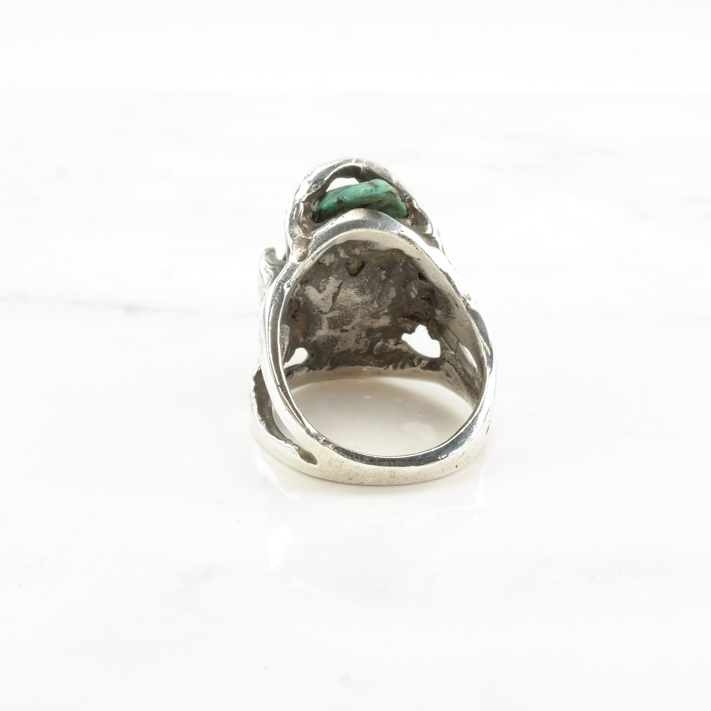 Vintage Brutalist Sterling Silver Ring with Turquoise, Spiderweb Design, Size 10 1/2, Circa 1980s