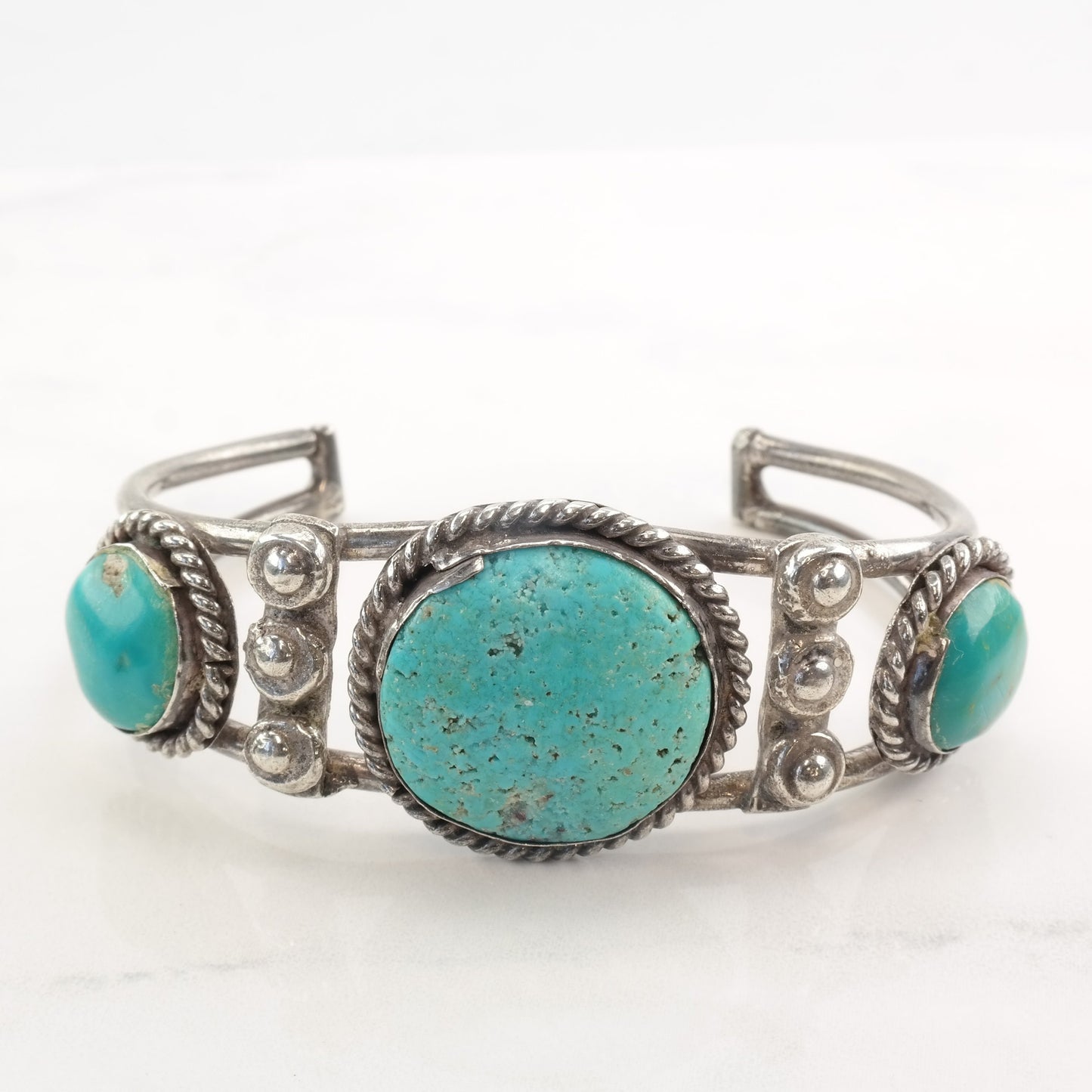 1950 Native American Sterling Silver Cuff Bracelet Turquoise Three Stone