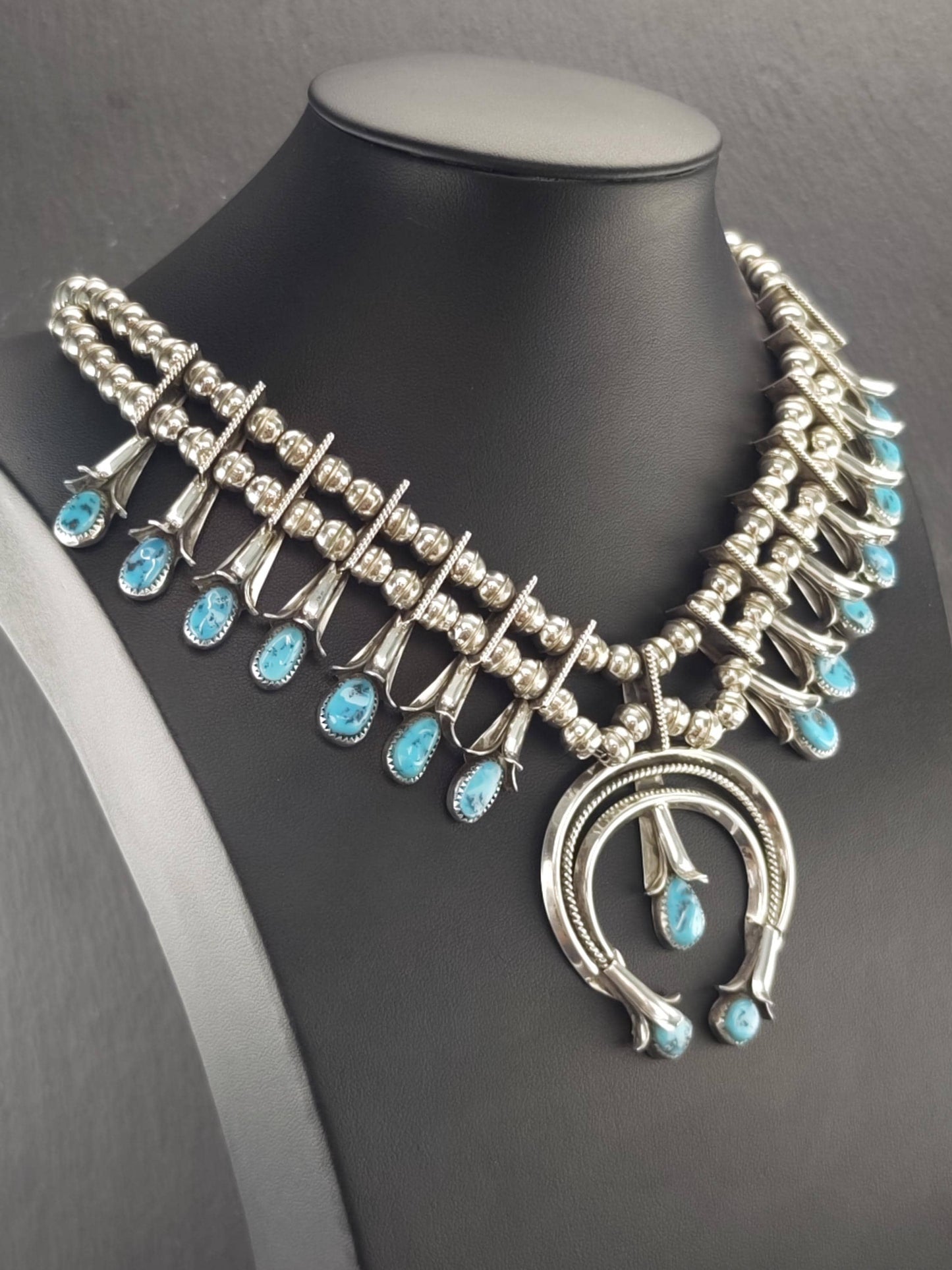 Navajo, Native American Turquoise Squash Blossom Necklace Sterling Silver