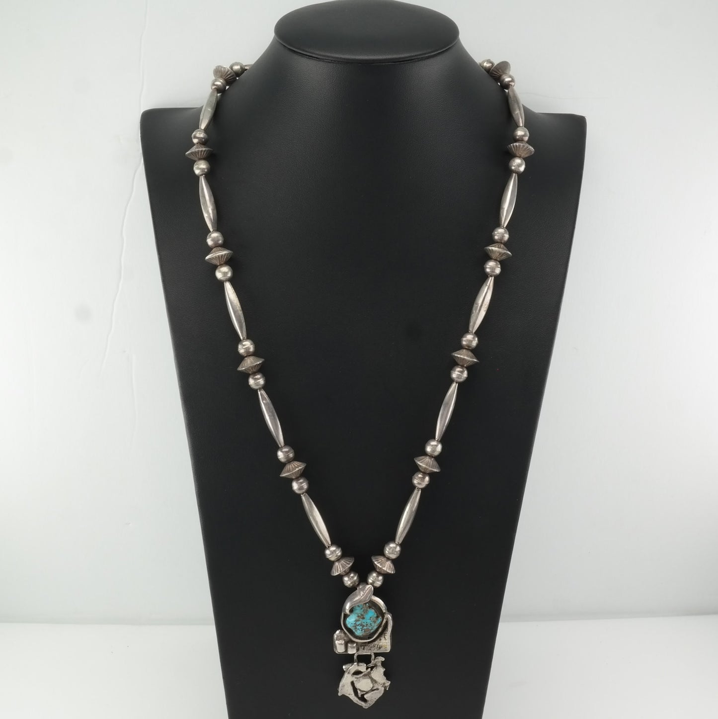 Vintage Native American Sterling Silver Blue Turquoise Brutalist Beaded Necklace