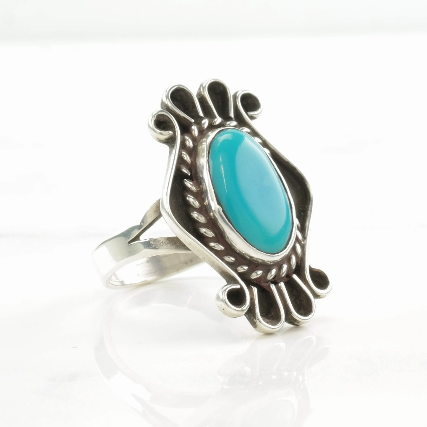 Vintage Southwest Silver Ring Turquoise Shadowbox Sterling Size 8