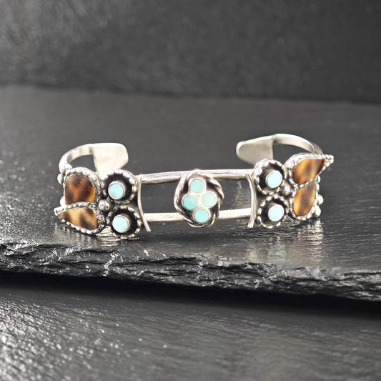 Zuni Native American Owl, Turquoise Inlay Cuff Bracelet Sterling Silver