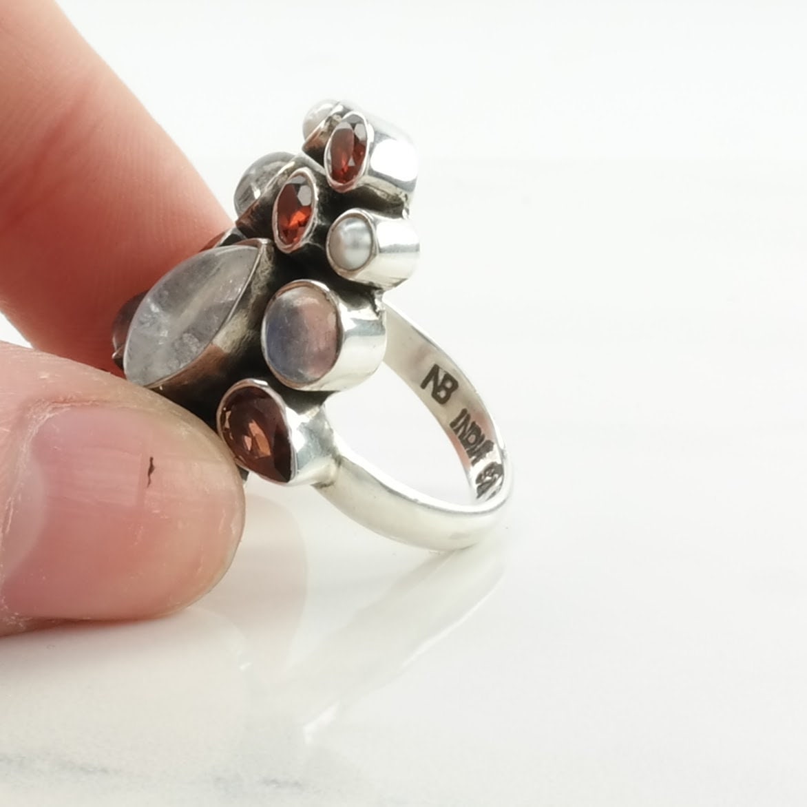 Vintage Nicky Butler Silver Ring Moonstone, Garnet Cluster Sterling Size 7 1/4