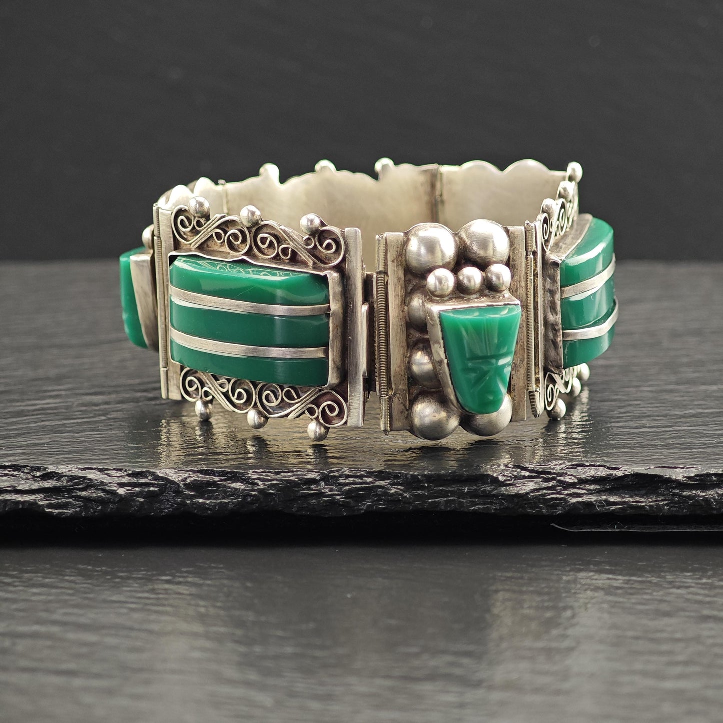 AS IS Vintage Mexican Green Onyx Link Bracelet Sterling Silver