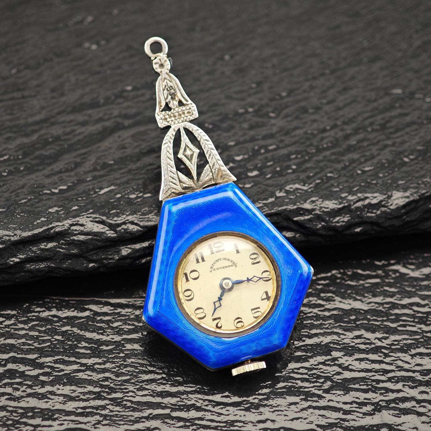 As Is Art Deco, Leicht-Mayer Lucerne, Enamel Pendant Watch Sterling Silver