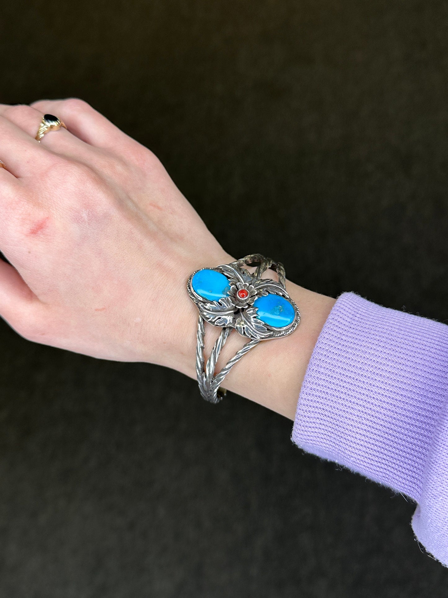 Turquoise Coral Cuff Bracelet Sterling Silver