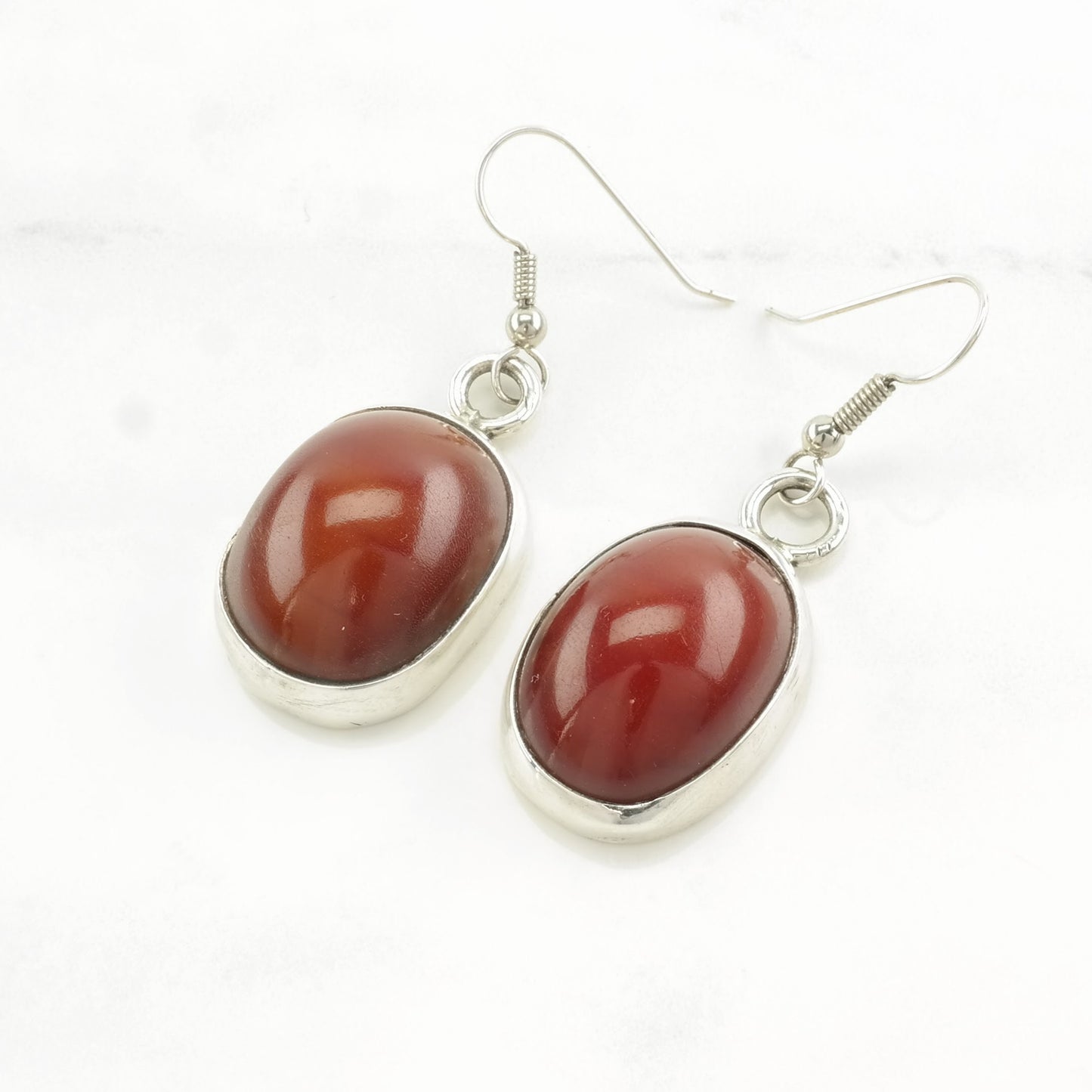 Vintage Sterling Silver Fish Hook Earrings Red Phenolic Resins "Amber"