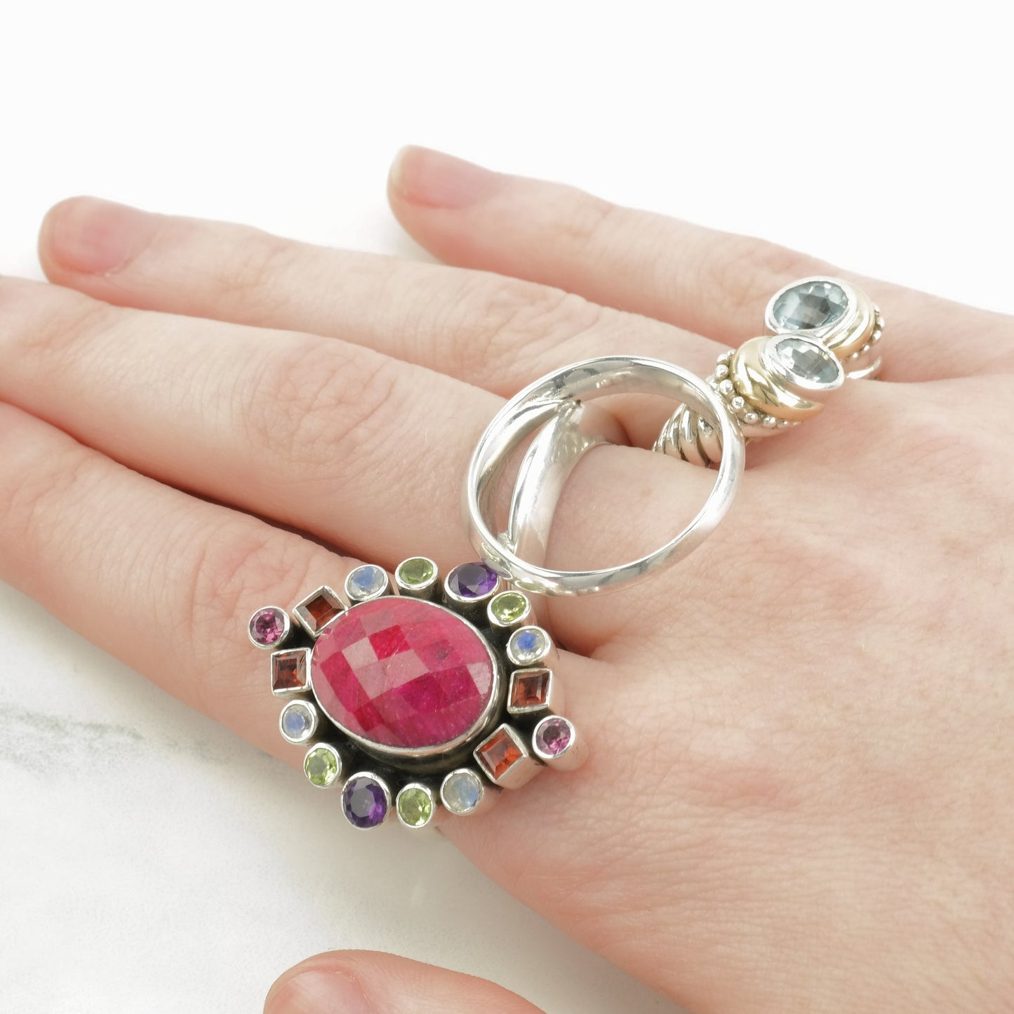 Vintage Nicky Butler Silver Ring Ruby Corundum, Multi Gem Huge Sterling Pink Size 5 3/4