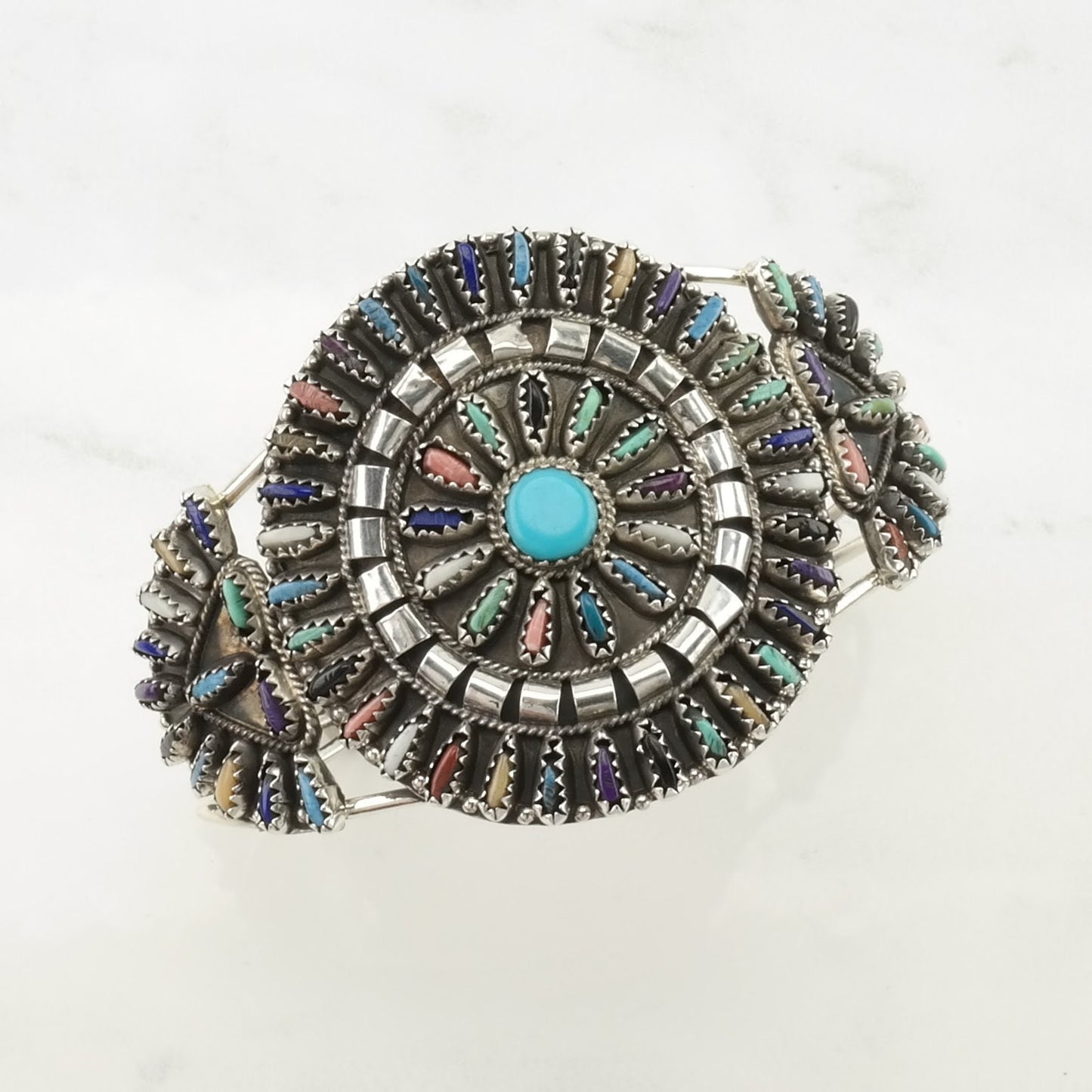 Vintage Southwest Sterling Silver Cuff Bracelet Rainbow Created Stones Needle point, Floral