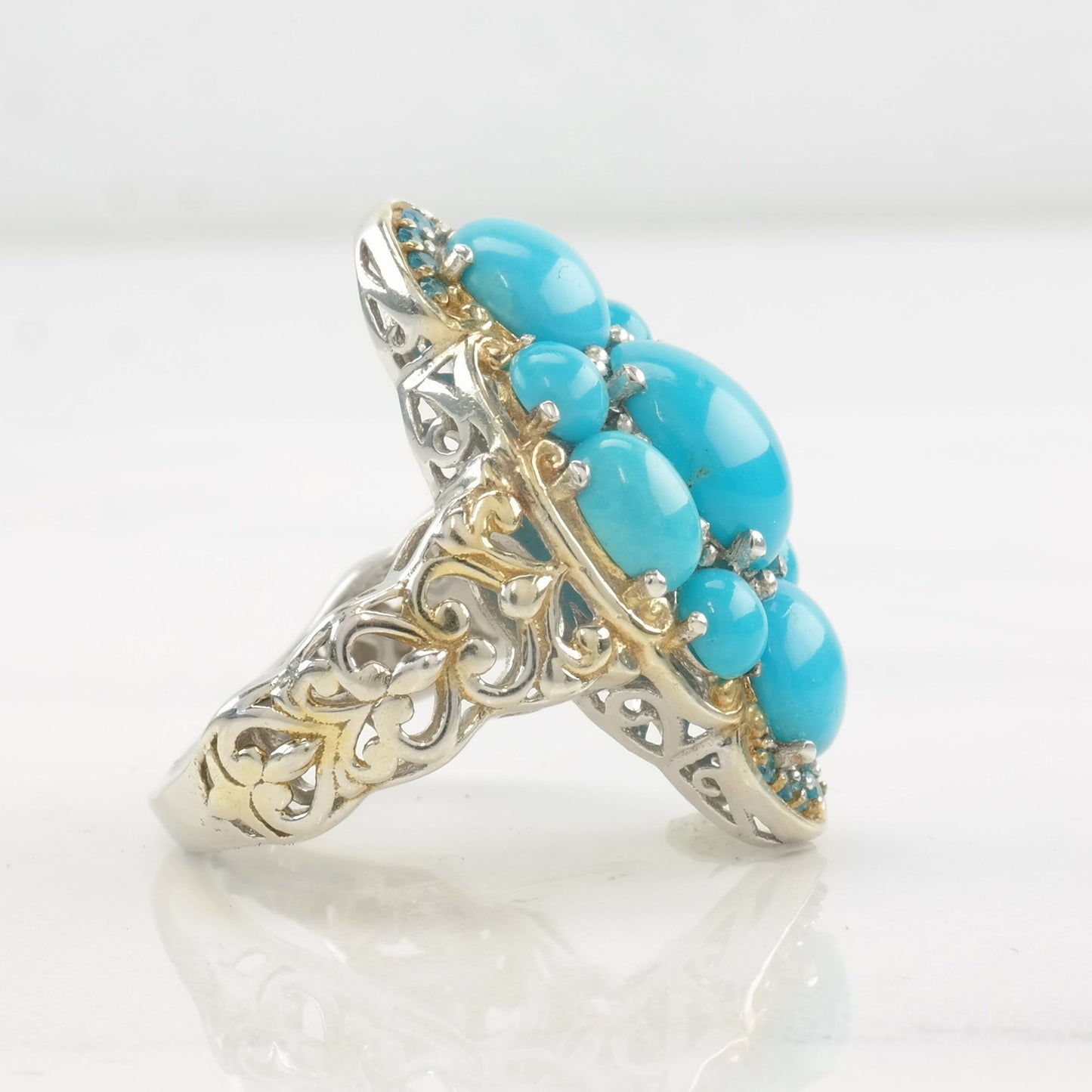 Vintage STS Ring Turquoise Apatite Two Tone Sterling Silver Size 7