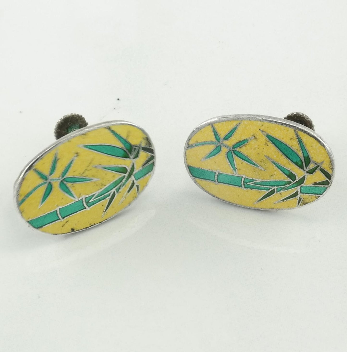 Vintage Enamel Bamboo Leaf Earrings Sterling Silver Screw Back/Clip On