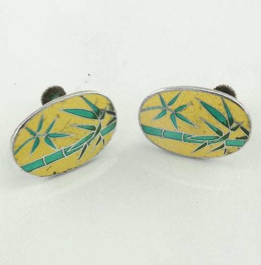 Vintage Enamel Bamboo Leaf Earrings Sterling Silver Screw Back/Clip On