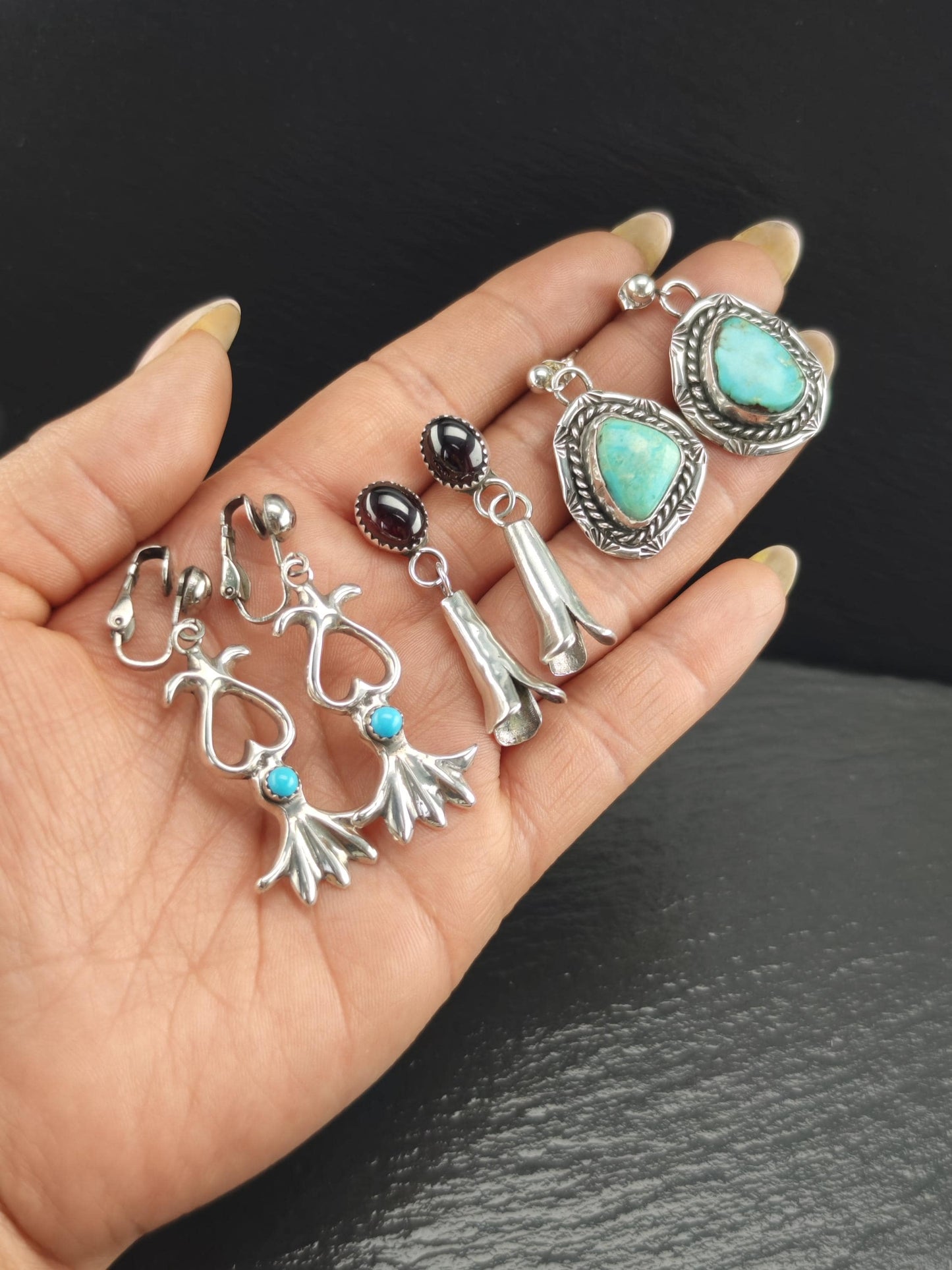 Southwest Blue Block Turquoise Sandcast Clip On/Dangle Earrings Sterling Silver